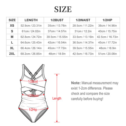 Size chart for custom monokini: Length, Bust, Waist, Hip measurements.