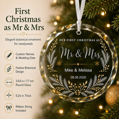 First Christmas as Mr & Mrs Botanical Design personalized glass ornament gift box presentation