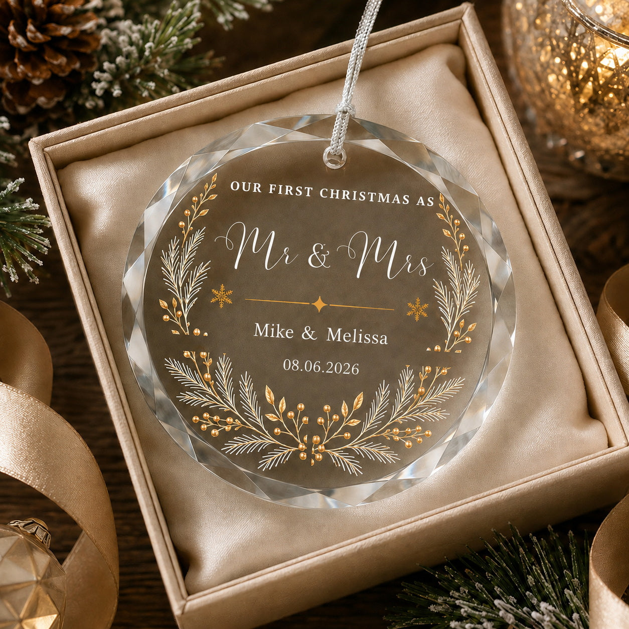 First Christmas as Mr & Mrs Botanical Design personalized glass ornament in hand scale view