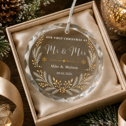 First Christmas as Mr & Mrs Botanical Design personalized glass ornament in hand scale view