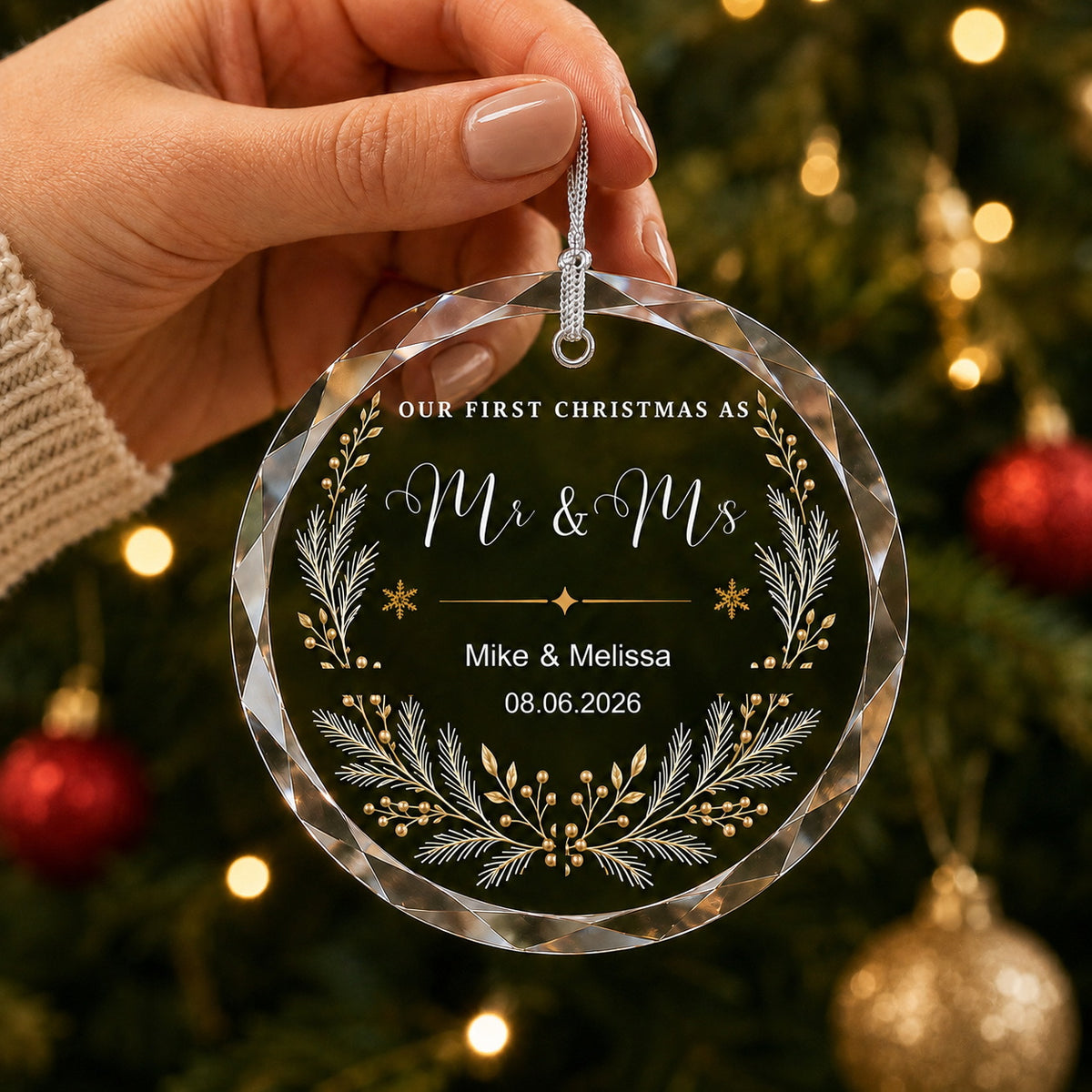 First Christmas as Mr & Mrs Botanical Design personalized glass ornament Christmas tree display