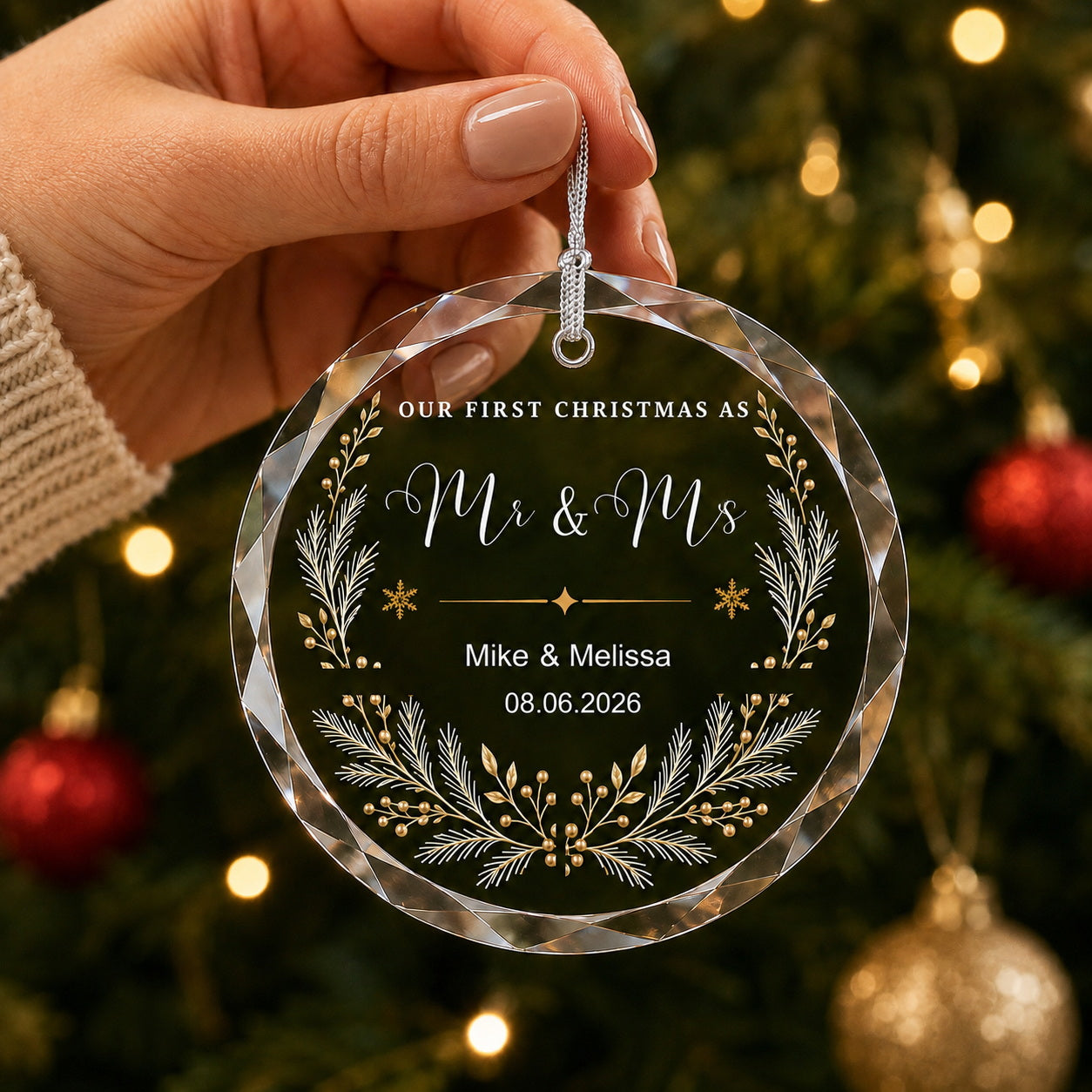 First Christmas as Mr & Mrs Botanical Design personalized glass ornament Christmas tree display