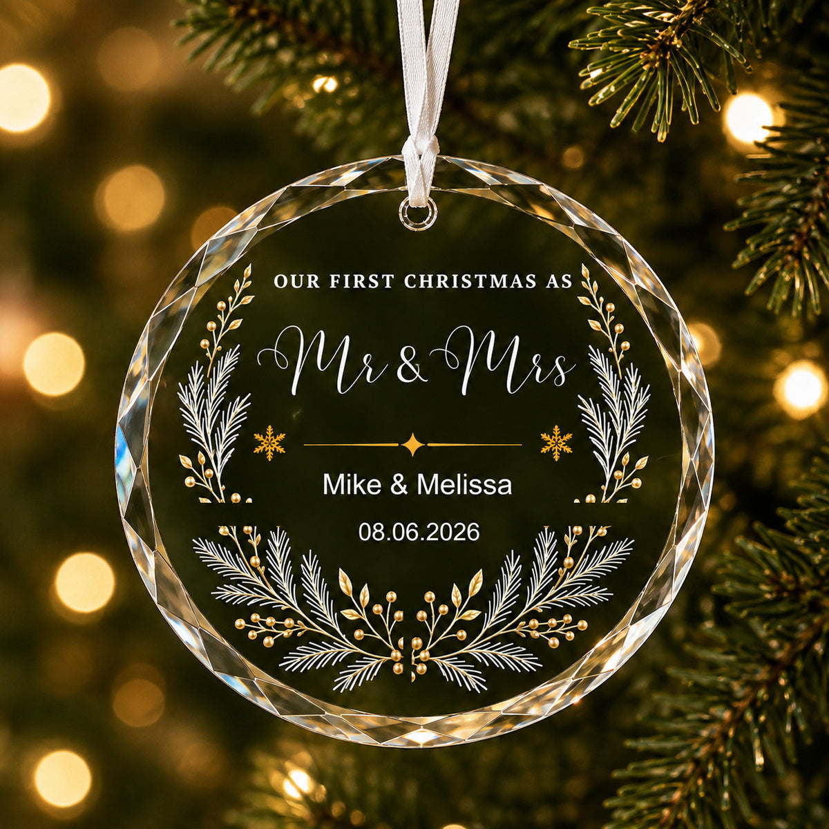 First Christmas as Mr & Mrs Botanical Design personalized glass ornament main product view