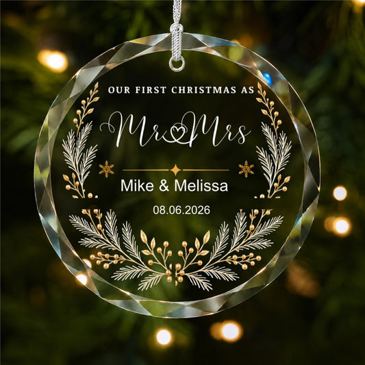 First Christmas as Mr & Mrs Botanical Design personalized glass ornament personalized detail view