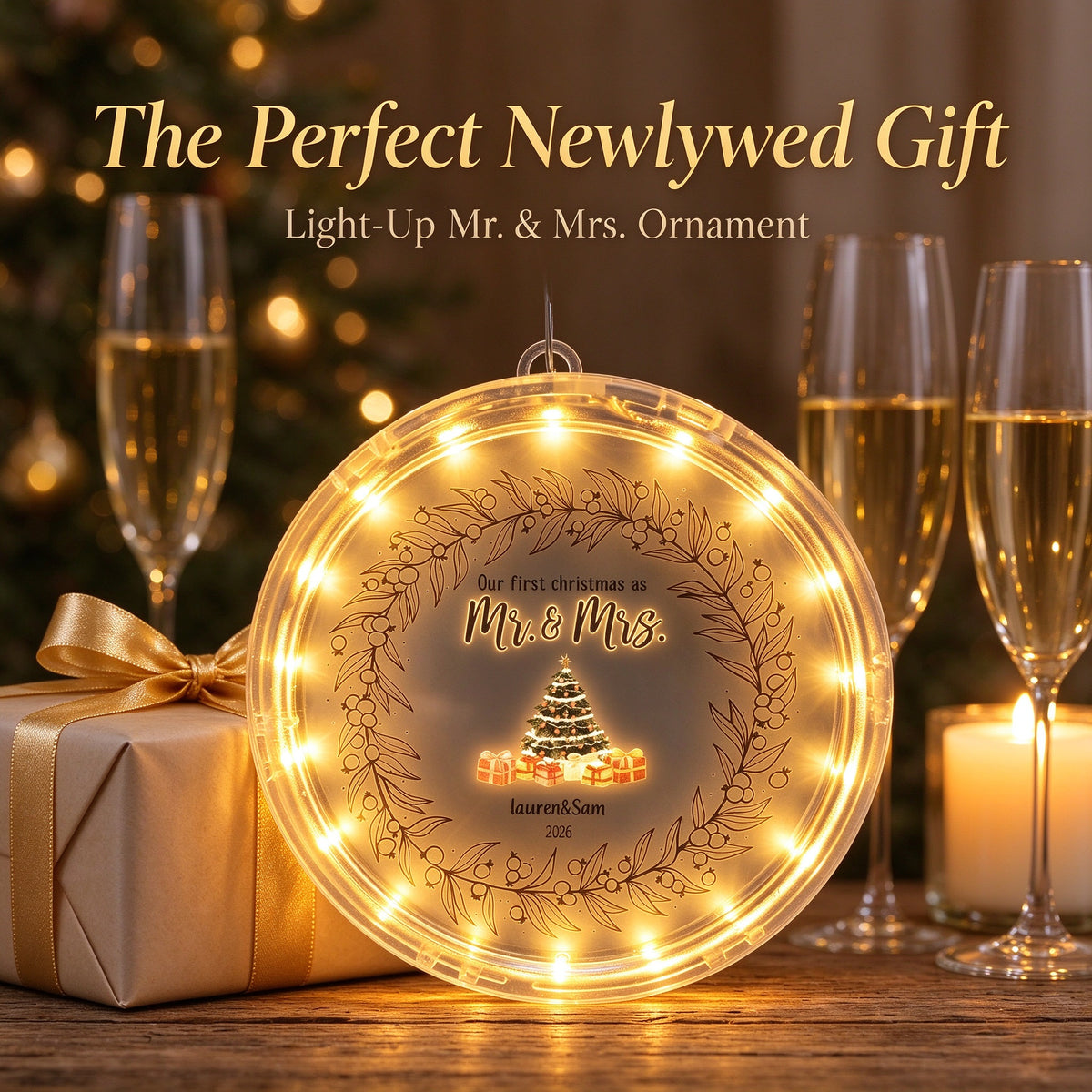 Personalized Our First Christmas as Mr and Mrs Ornament with Custom Couple Names - centerpiece display