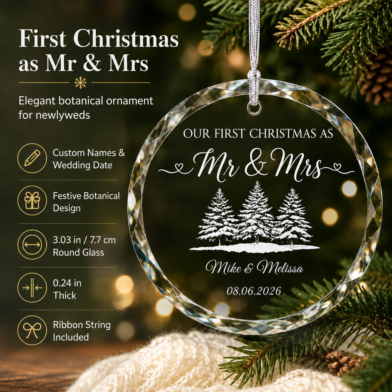 Our First Christmas Mr & Mrs Forest Design personalized glass ornament gift box presentation