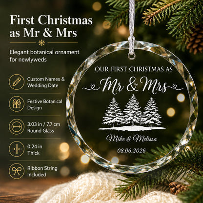 Our First Christmas Mr & Mrs Forest Design personalized glass ornament gift box presentation