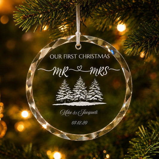 Our First Christmas Mr & Mrs Forest Design personalized glass ornament main product view