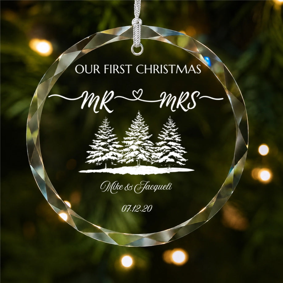 Our First Christmas Mr & Mrs Forest Design personalized glass ornament personalized detail view