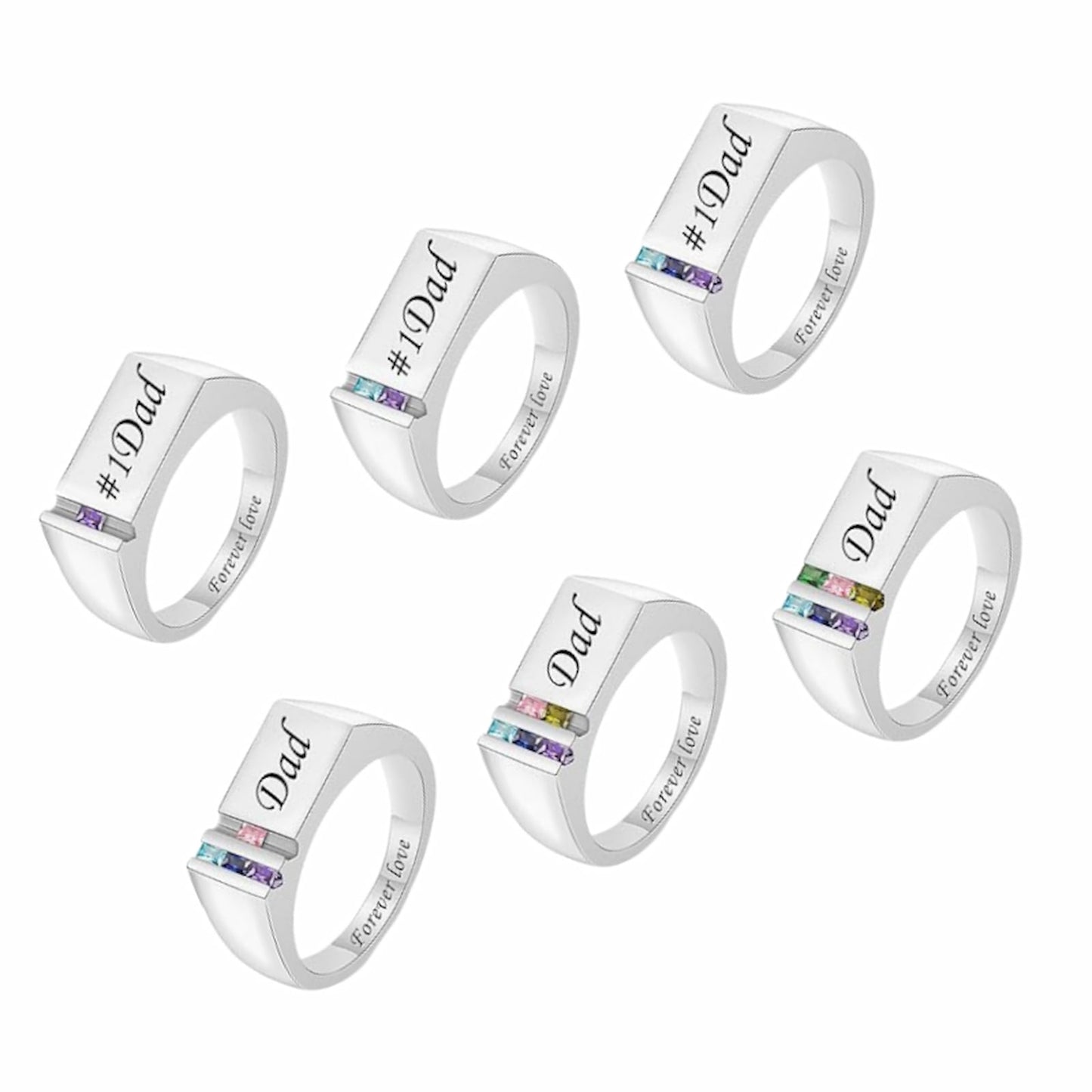 Multiple personalized mens Dad rings with birthstones and #1 Dad engraving.