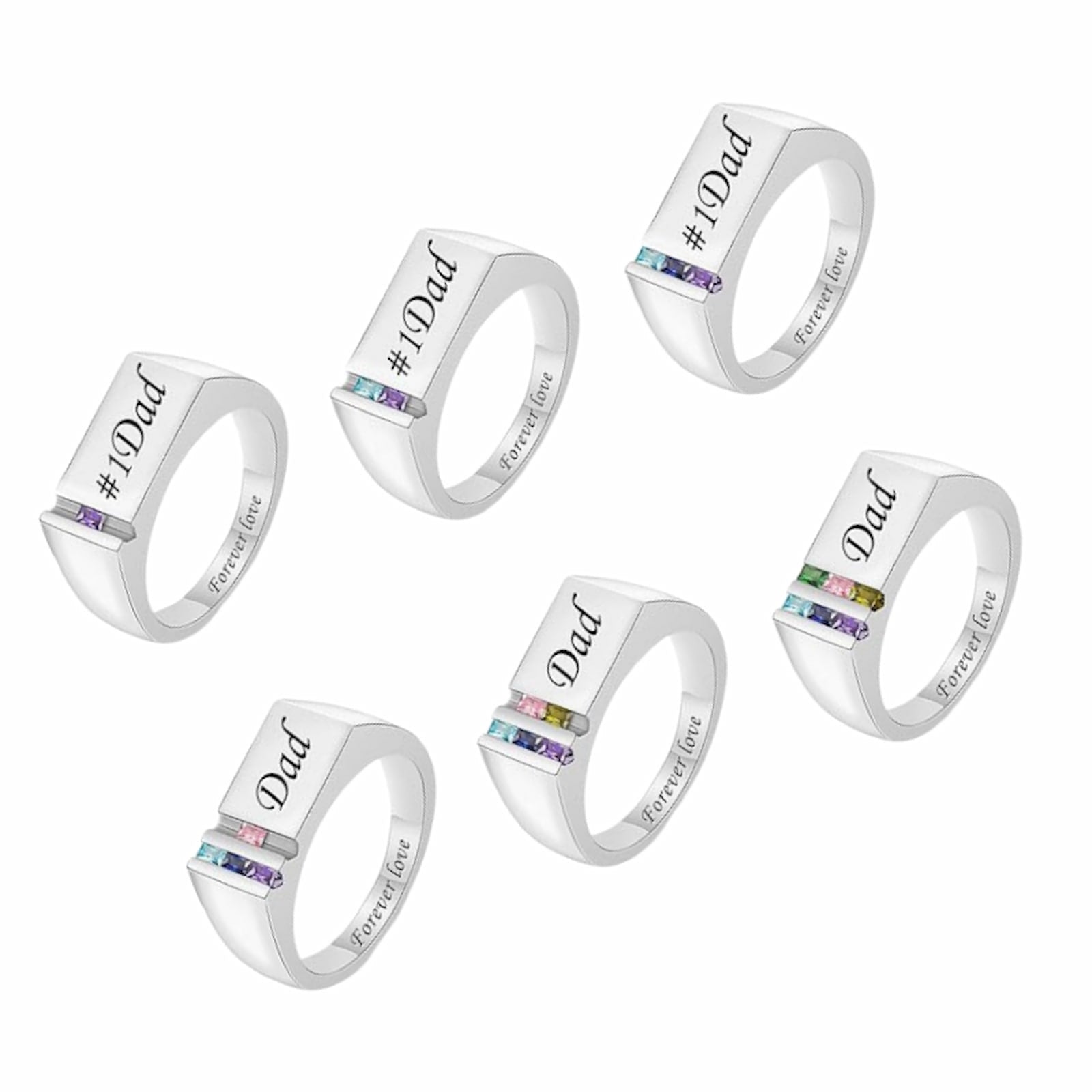 Multiple personalized mens Dad rings with birthstones and #1 Dad engraving.