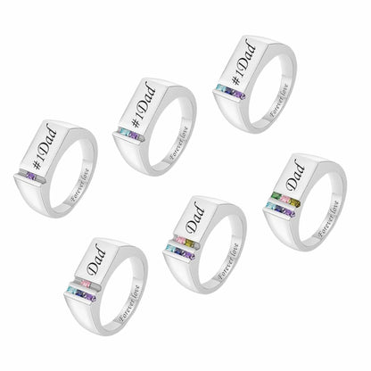 Multiple personalized mens Dad rings with birthstones and #1 Dad engraving.