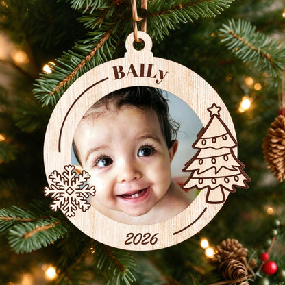 Personalized Baby Photo Wooden Christmas Ornament with Name and Year - home decor display