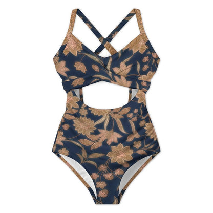 Front flat lay of navy/gold floral print cutout monokini.