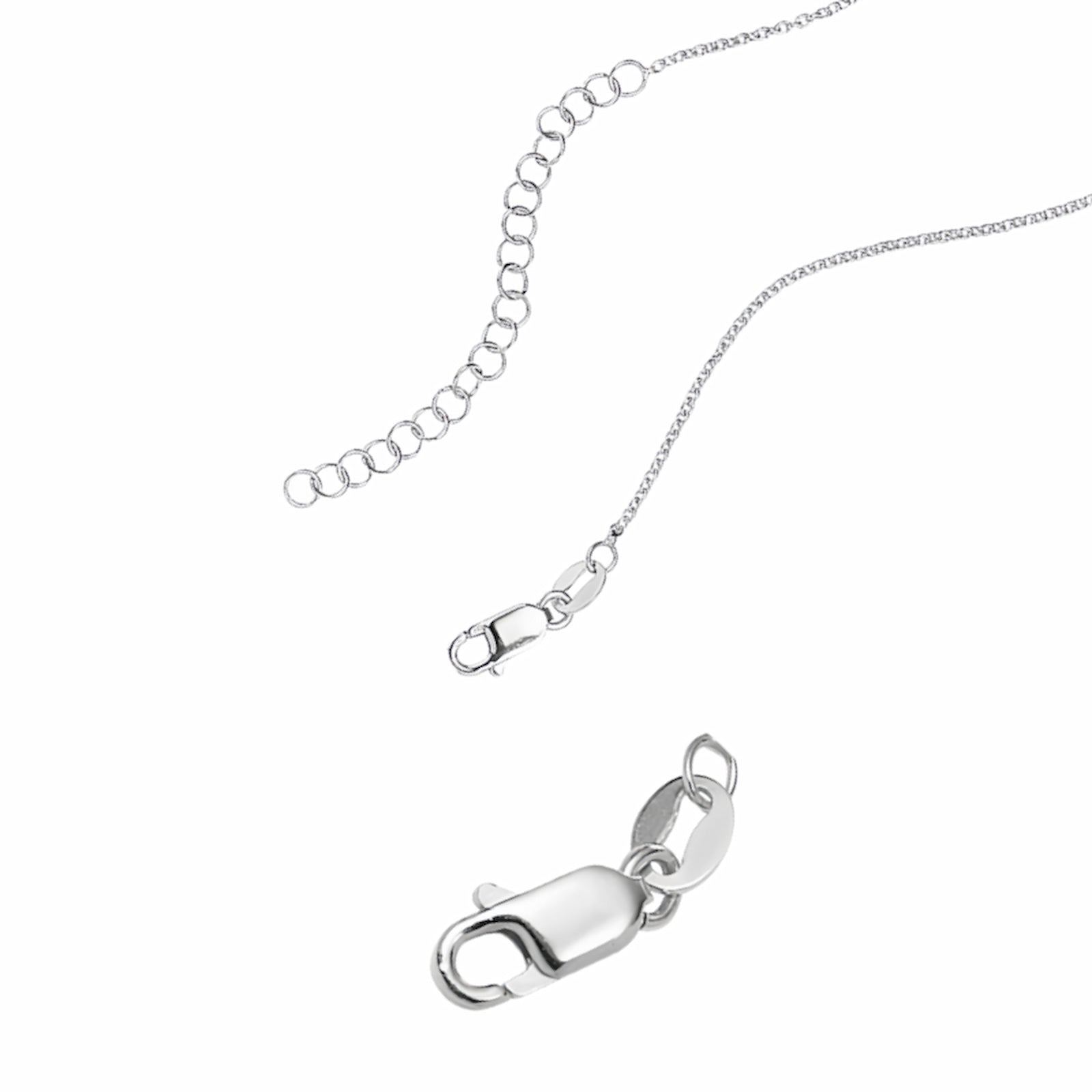 Necklace clasp and extender chain details in silver. Adjustable length for comfort.