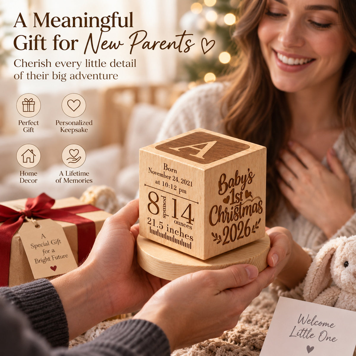 Personalized Baby's First Christmas wooden cube gift for new parents with custom birth details and holiday keepsake design