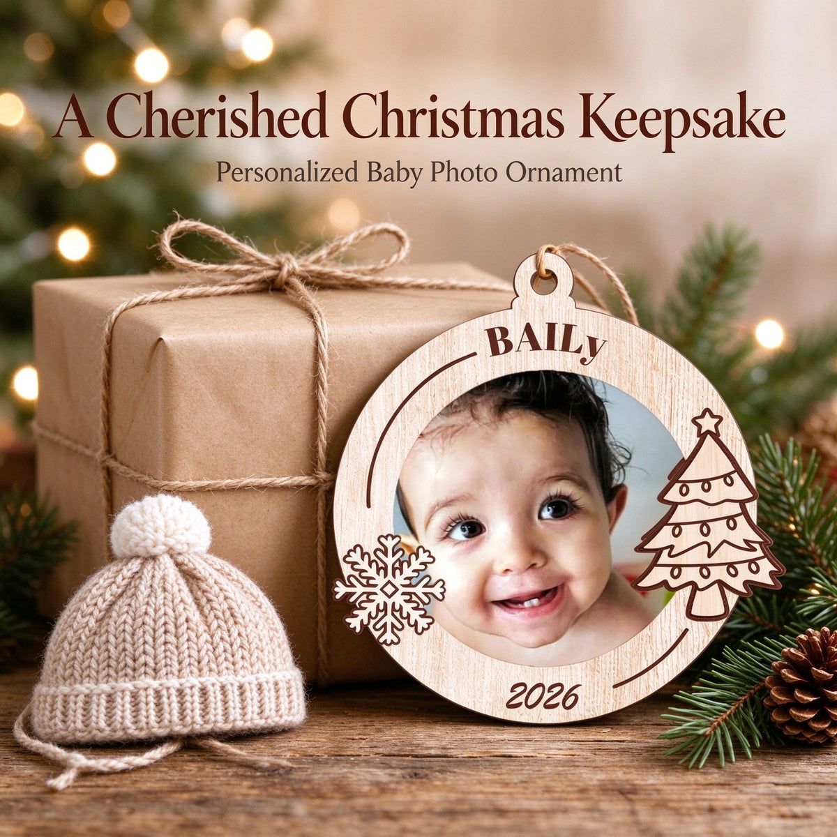 Personalized Baby Photo Wooden Christmas Ornament with Name and Year - main product view
