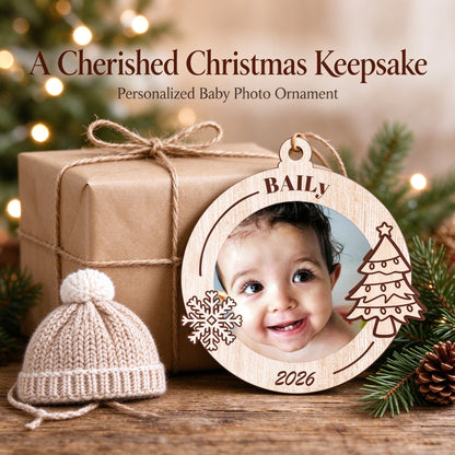 Personalized Baby Photo Wooden Christmas Ornament with Name and Year - main product view