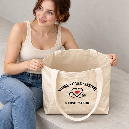 Personalized Nurse Tote Bag with Custom Name and Stethoscope Heart - material or size detail view
