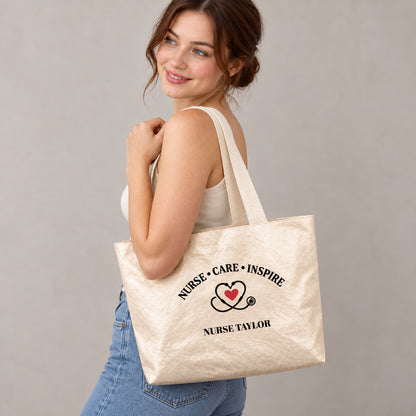 Personalized Nurse Tote Bag with Custom Name and Stethoscope Heart - gift and everyday carry scene
