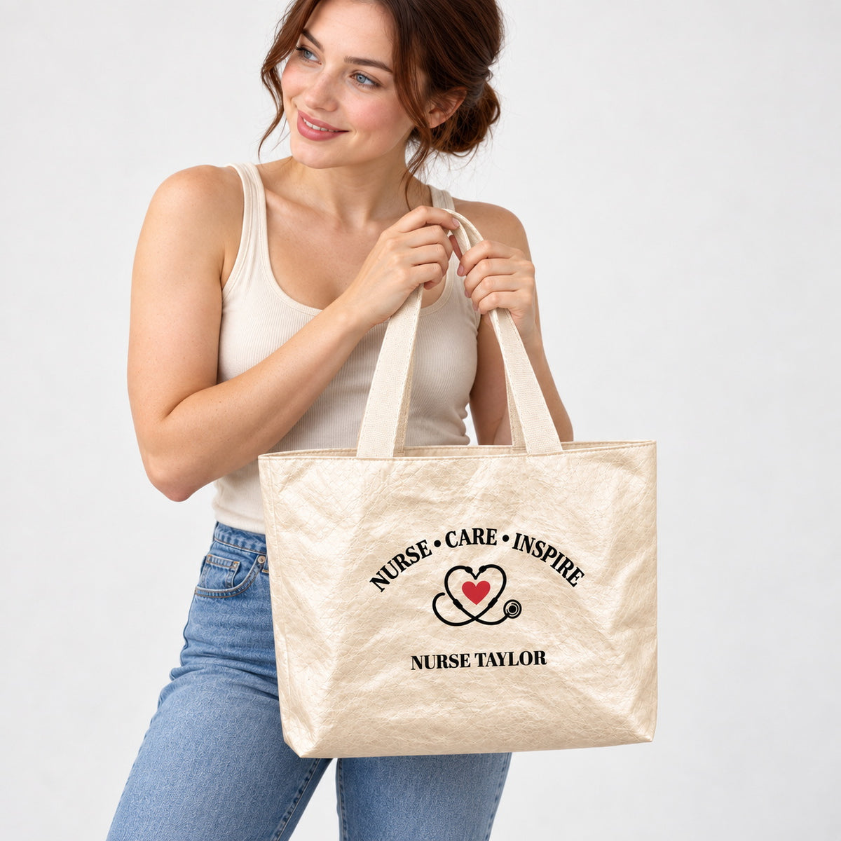 Personalized Nurse Tote Bag with Custom Name and Stethoscope Heart - personalization detail view
