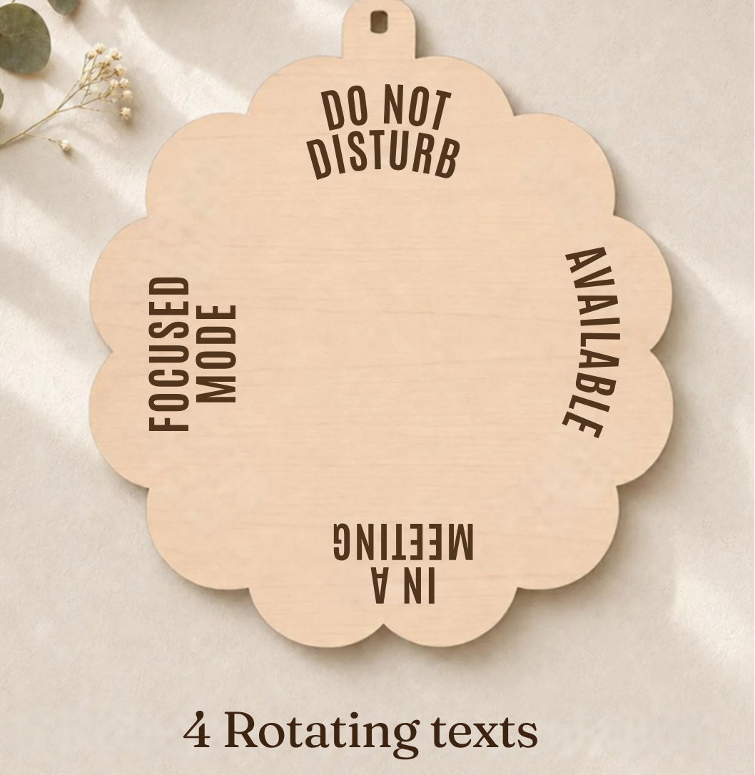 Four rotating office sign messages: Do Not Disturb, Available, In a Meeting and Focused Mode
