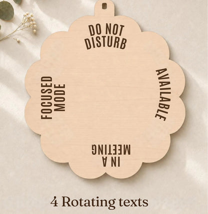 Four rotating office sign messages: Do Not Disturb, Available, In a Meeting and Focused Mode