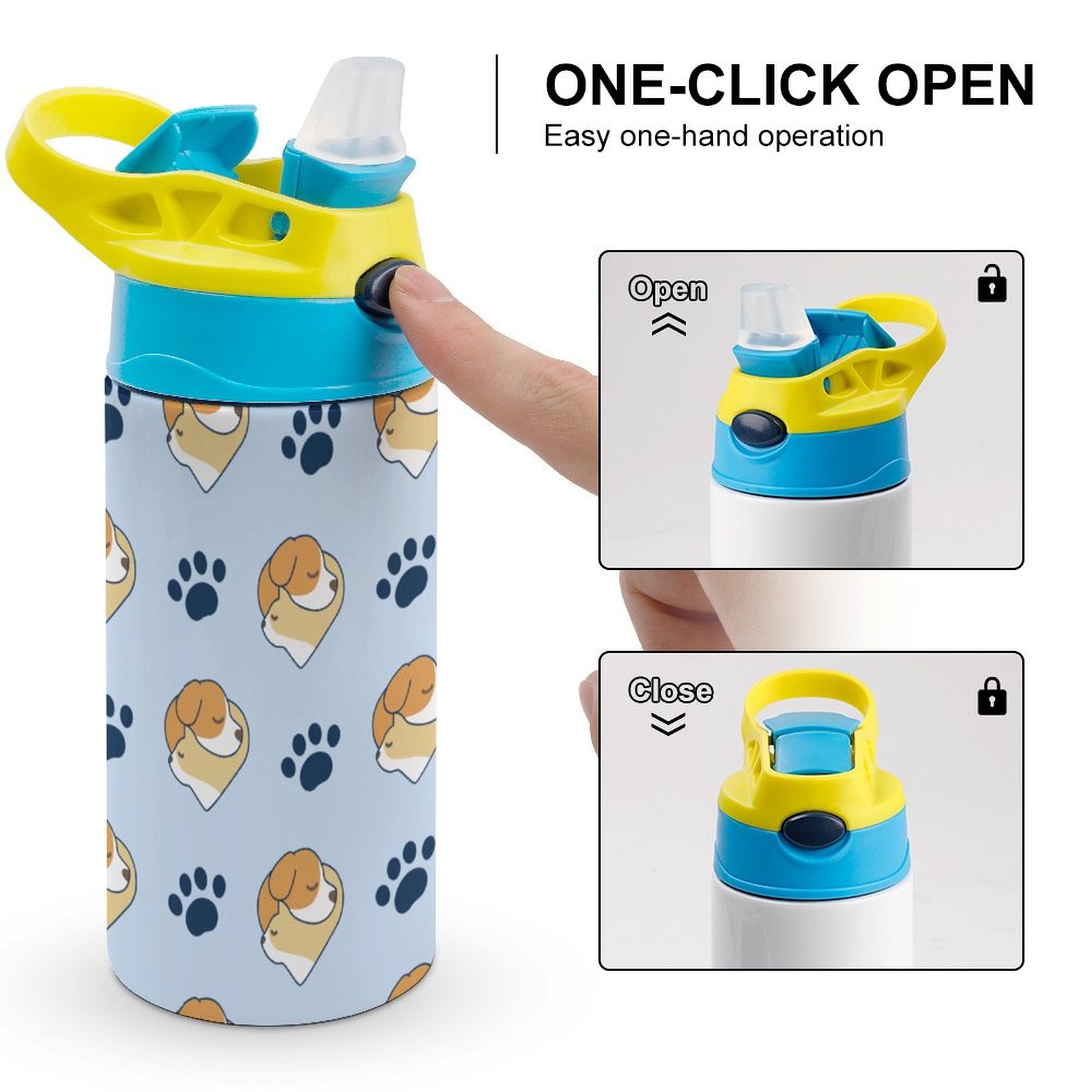 One-click open and close action of the personalized kids straw water bottle lid.