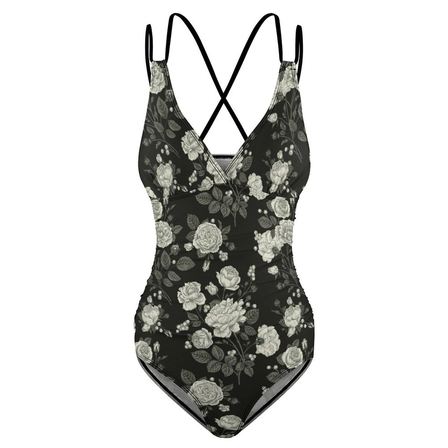 Custom One Piece Swimsuit, Deep V Neck, Black Rose Print, Double Straps Flat Lay.
