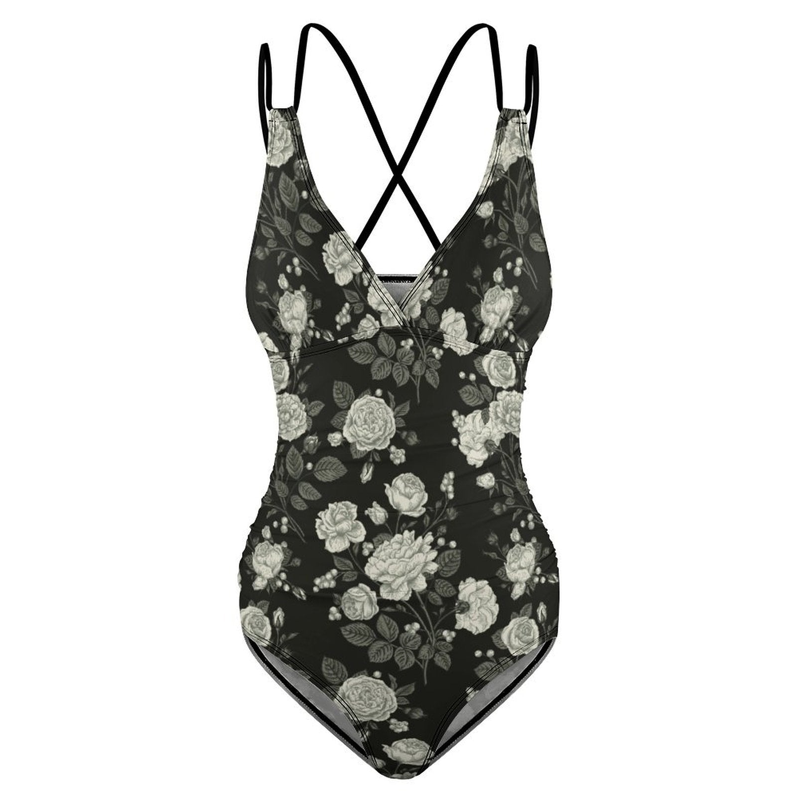 Custom One Piece Swimsuit, Deep V Neck, Black Rose Print, Double Straps Flat Lay.