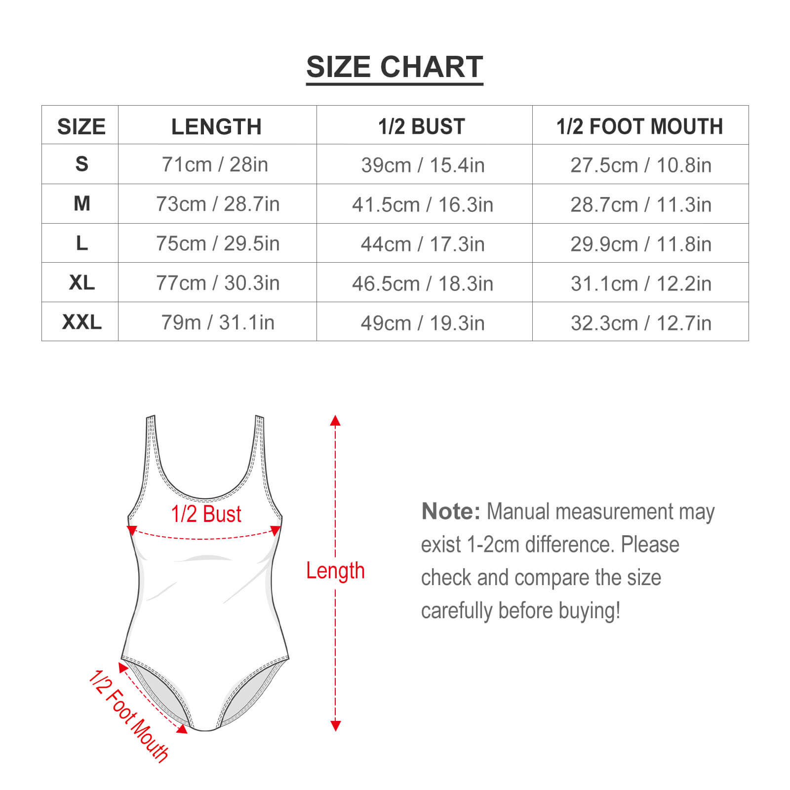 One-piece swimsuit size chart for women, length and bust measurements, modest fit guide.84