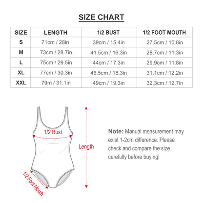 One-piece swimsuit size chart for women, length and bust measurements, modest fit guide.84