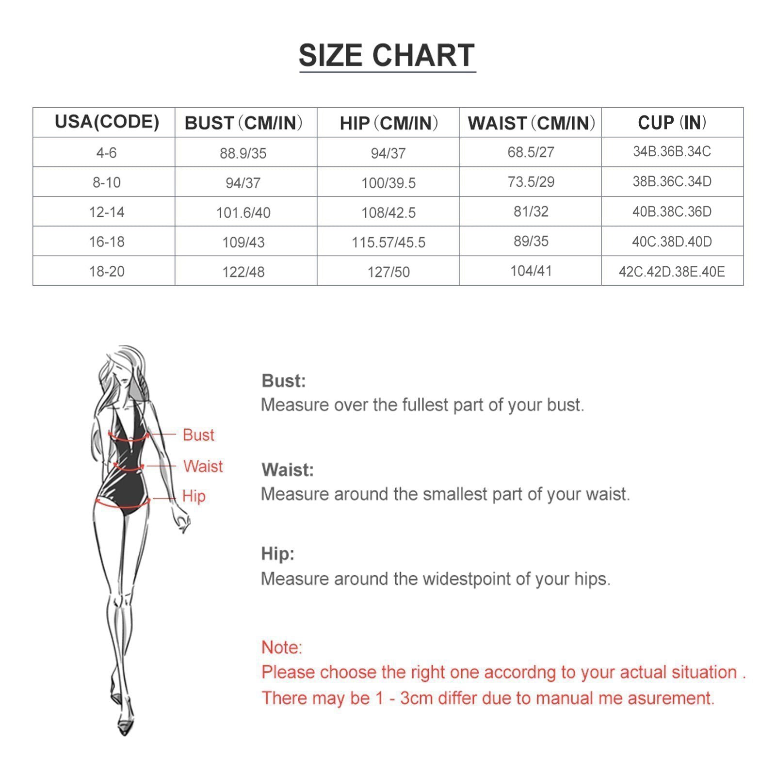 Size chart for women's one piece plunge V neck swimsuits.