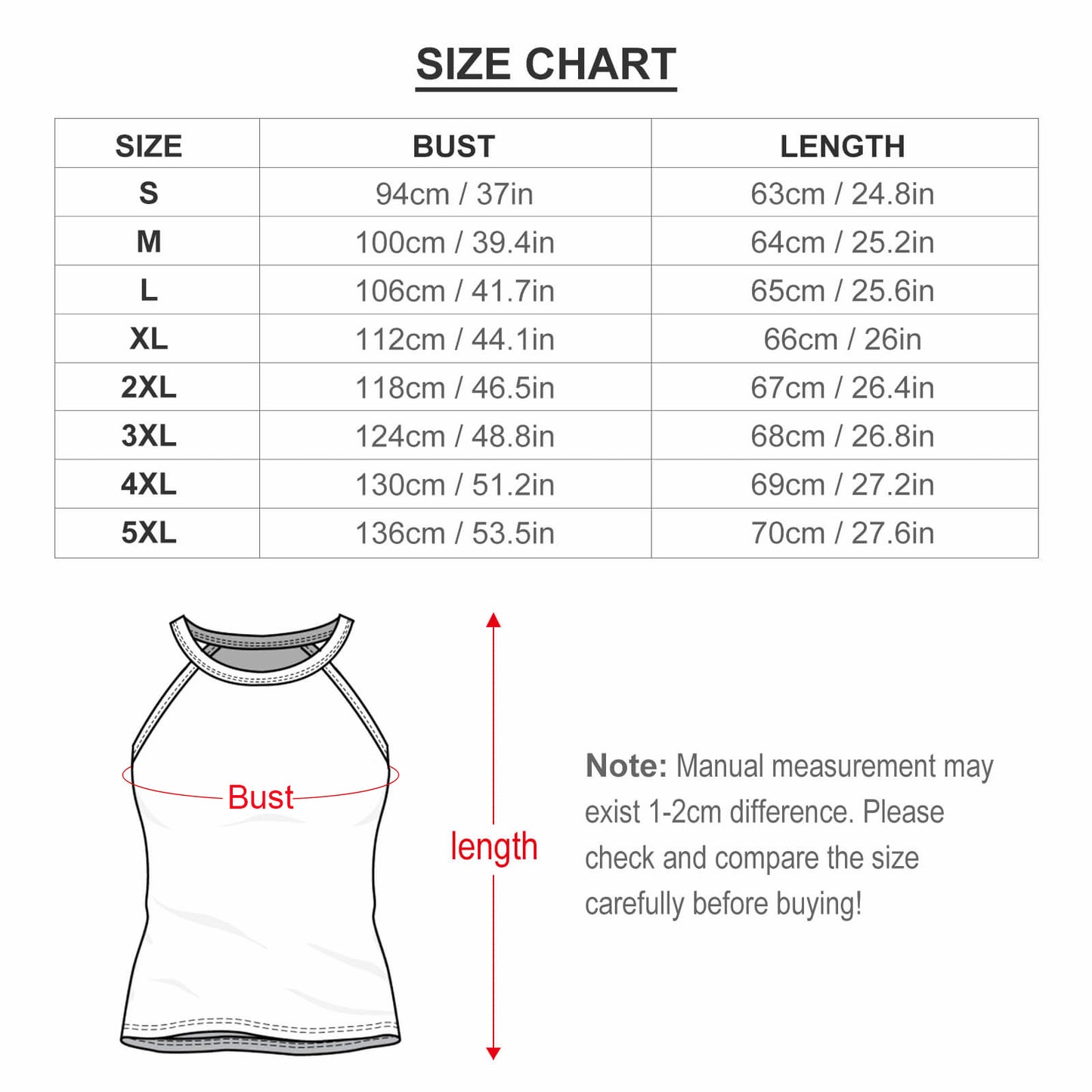 Size Chart for Custom Paisley Print Women's Cami Tank Top (S-5XL).