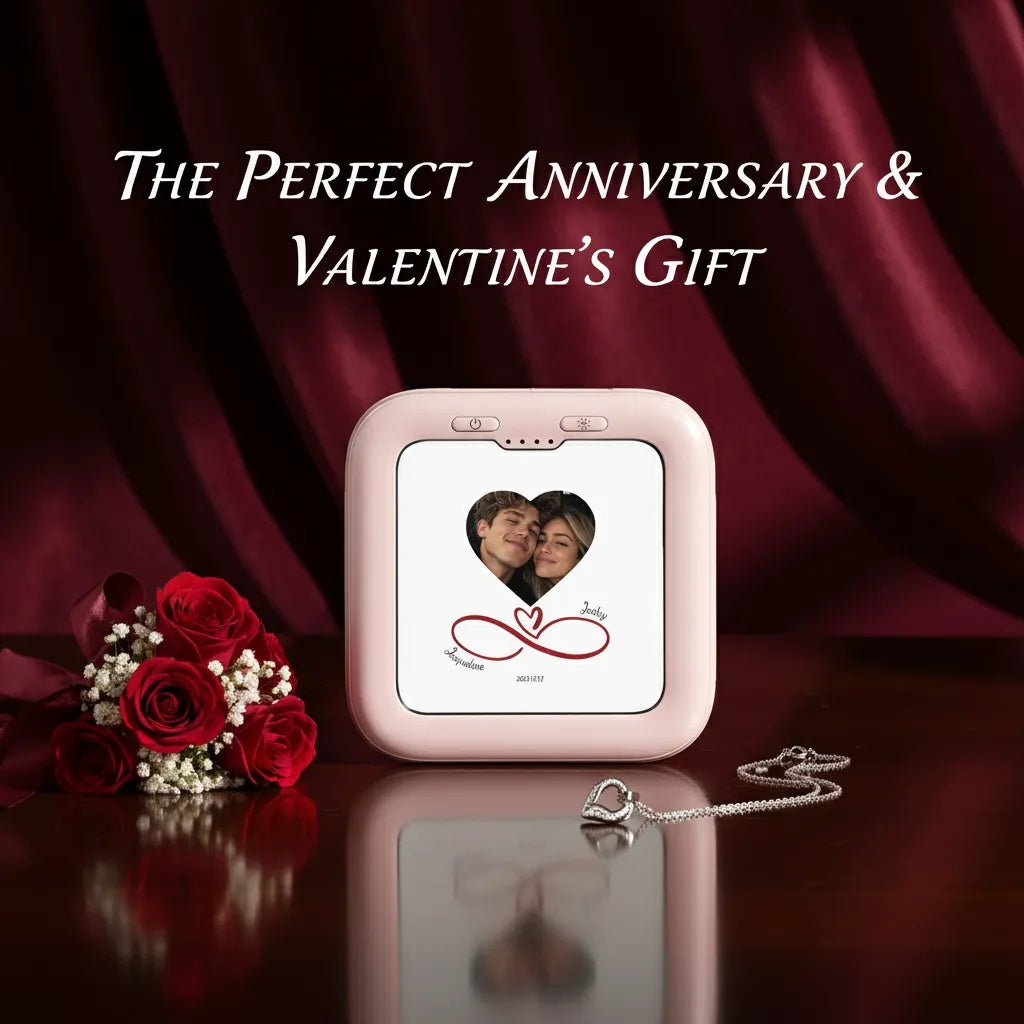 Heart photo power bank with roses for anniversary gift.