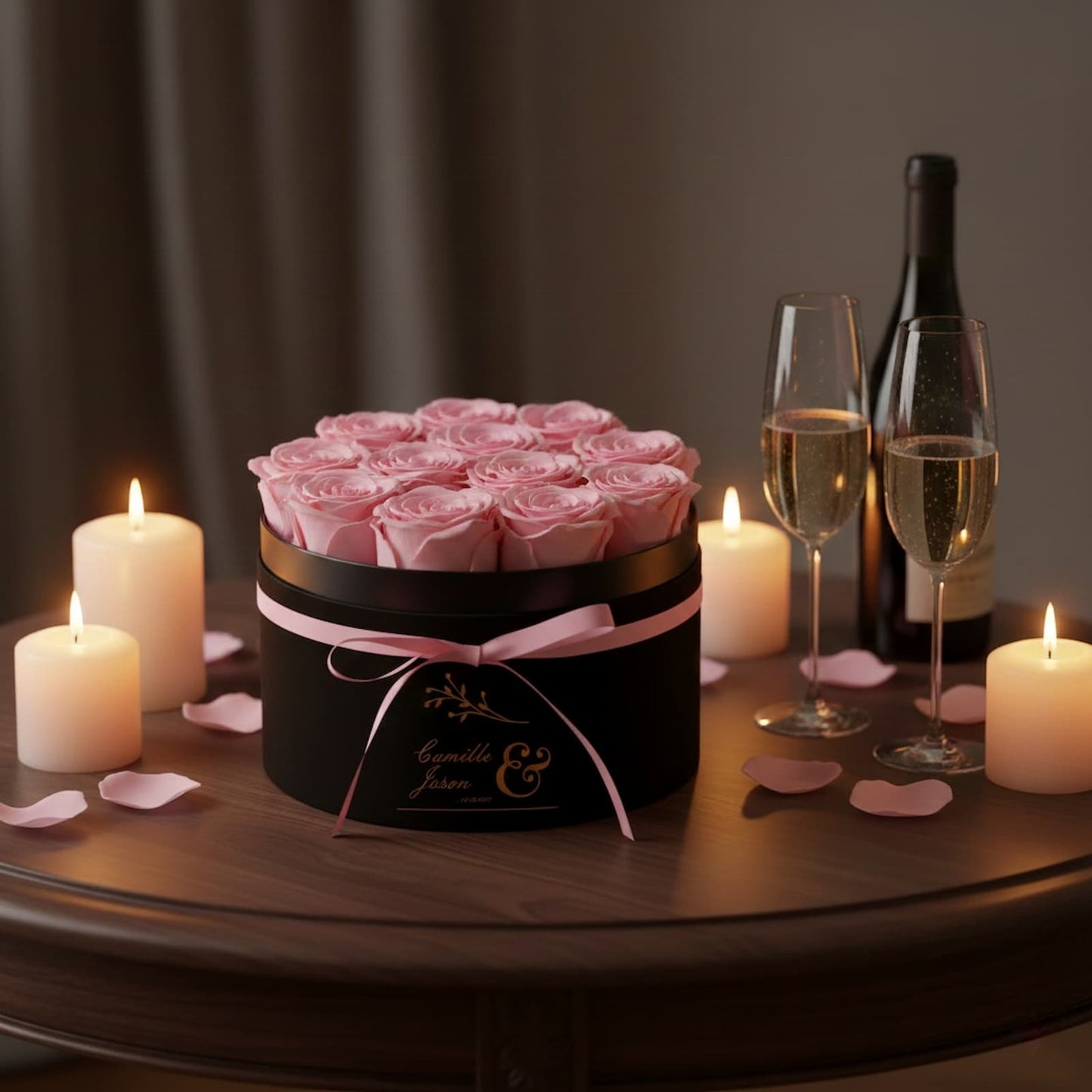 Romantic 12 Real Preserved Pink Roses Box, Personalized Anniversary or Valentine's Day Gift.