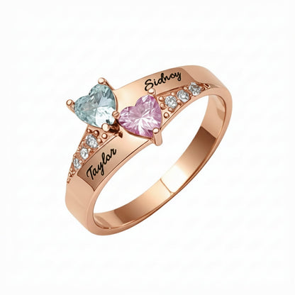 Rose gold plated 2 heart birthstone ring with 2 custom names for mom.