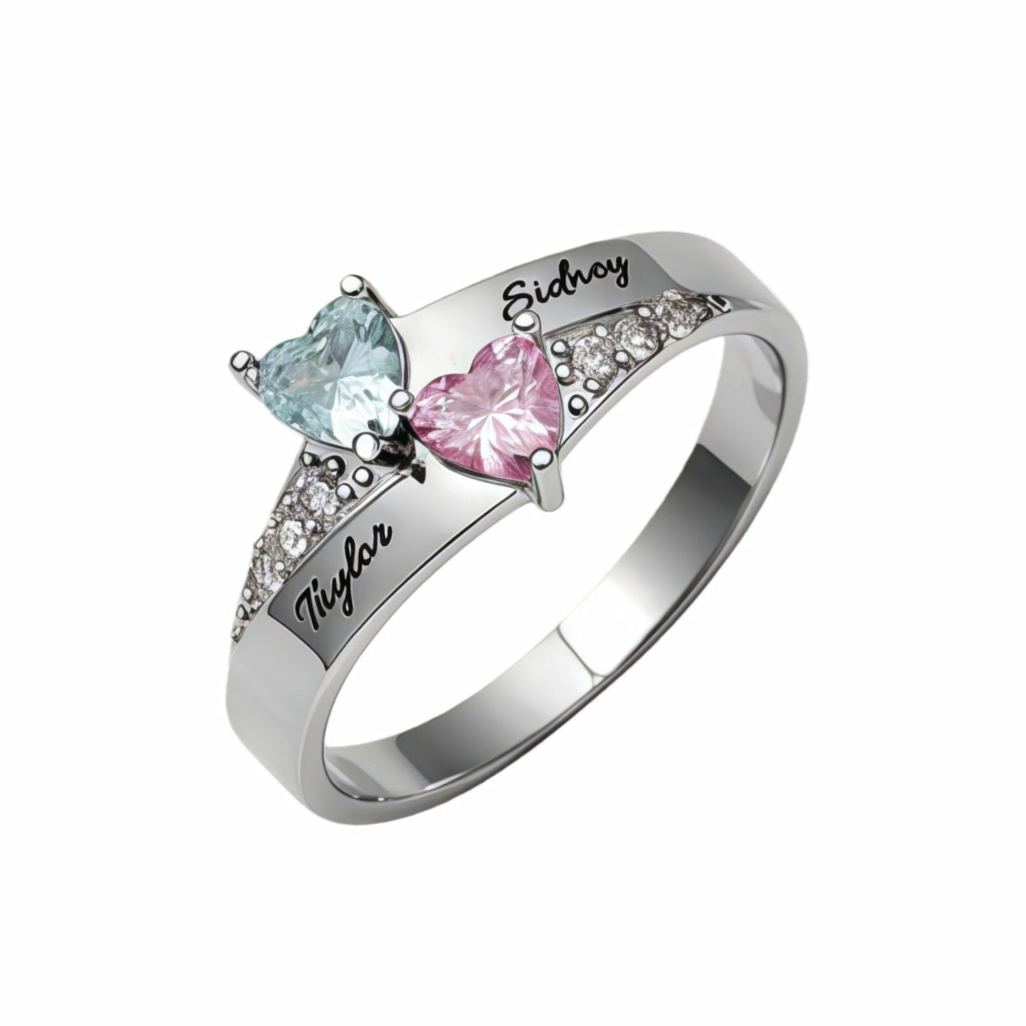 2 heart birthstone ring with 2 custom names for mom.