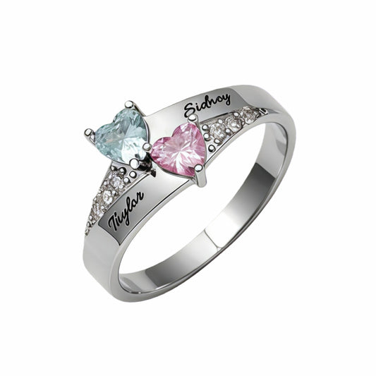 2 heart birthstone ring with 2 custom names for mom.