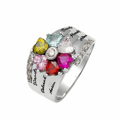 6 heart birthstone family ring with custom name engravings.