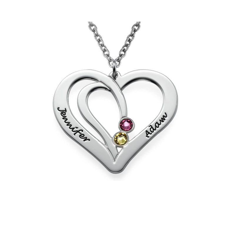 Personalized Couple Heart Necklace, 925 Silver, 2 Birthstones, Custom Names Jennifer & Adam.