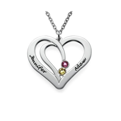 Personalized Couple Heart Necklace, 925 Silver, 2 Birthstones, Custom Names Jennifer & Adam.