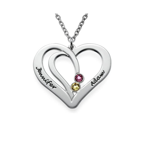 Personalized Couple Heart Necklace, 925 Silver, 2 Birthstones, Custom Names Jennifer & Adam.