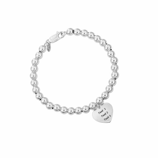Personalized 925 Sterling Silver bead ball strand bracelet with a custom engraved heart charm.