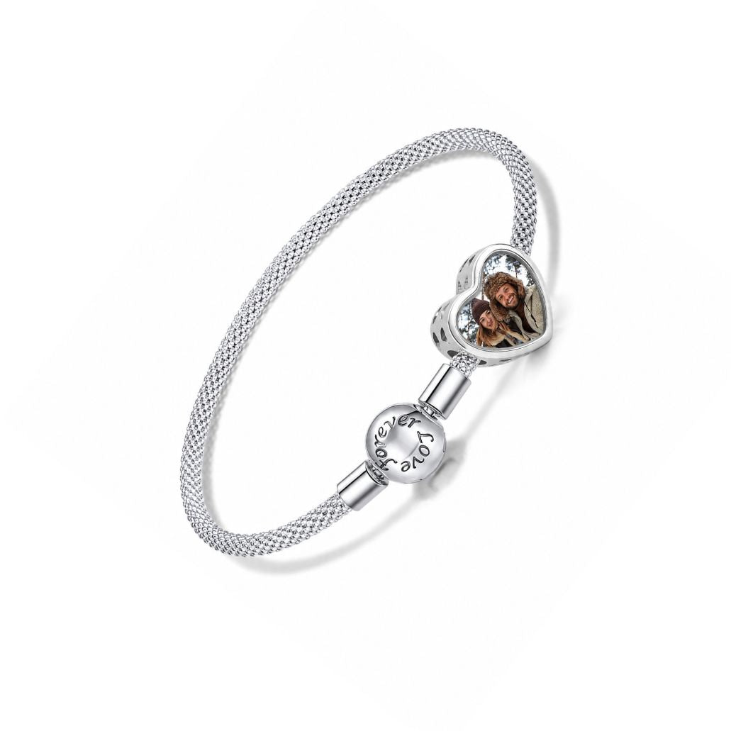 personalized 925 sterling silver mesh bracelet featuring a custom heart photo charm engraved with forever love