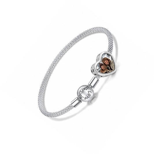 personalized 925 sterling silver mesh bracelet featuring a custom heart photo charm engraved with forever love