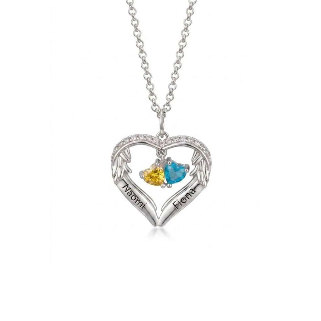 Personalized angel wing heart birthstone necklace