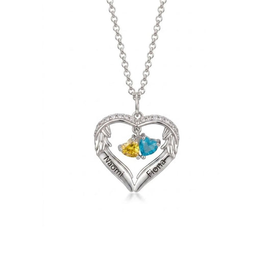 Personalized angel wing heart birthstone necklace