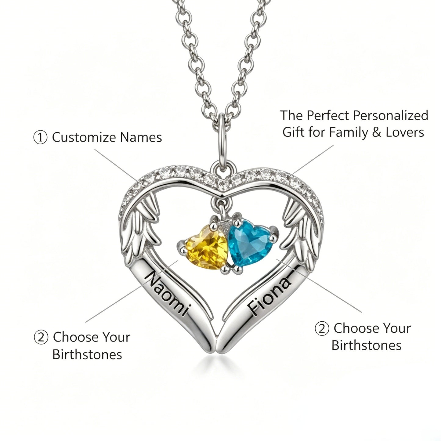 Angel wing heart necklace personalization options