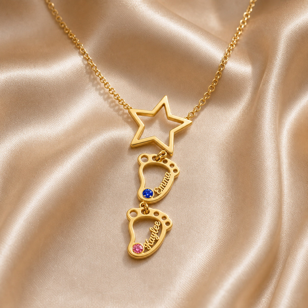 Personalized Baby Feet Star Necklace with Birthstone Charms Gift
